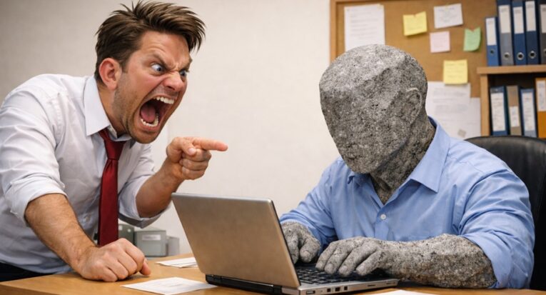 O ‘gray rocking’ (“rocha cinza”, em português), é quando a pessoa para de interagir com quem ela não gosta, falando com ela apenas o estritamente necessário (Imagem criada por IA via ChatGPT)
